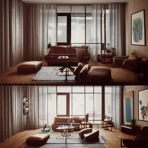 Image similar to 60's interiors of an apartment, photorealistic, cinematic, volume light, rendered in octane, artstation