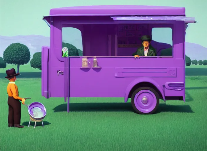 Prompt: a purple and green ice cream van that sells snake oil instead of ice cream, rowdy salesman hawking little brown bottles, medicine, snake van, snake van, painting by René Magritte, Grant Wood, 3D rendering by Beeple