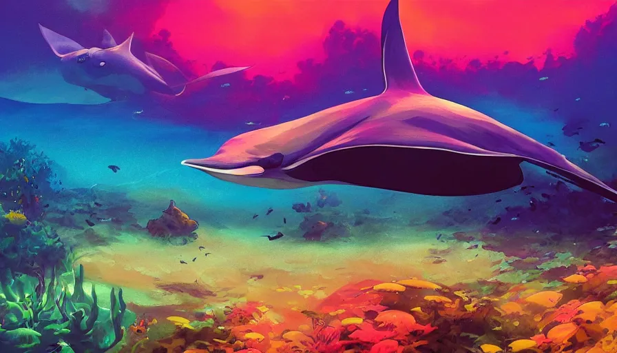 Prompt: a single manta ray swims above a colorful coral reef filled with fish, volumetric light, realism, in the style of alena aenami and andreas rocha and anato finnstark and charlie bowater