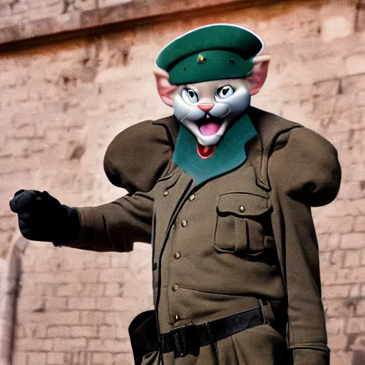 Prompt: tom from tom and jerry dressed as a german officer from ww 2, 4 k, hyper realistic, dslr, high resolution, landscape, beautiful