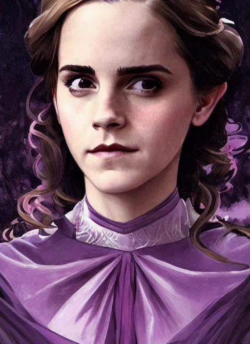 Prompt: emma watson at hogwarts!! at the yule ball wearing revealing elegant pink and purple dress. beautiful detailed face. by artgerm and greg rutkowski and alphonse mucha