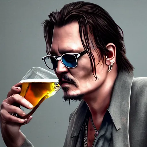 Prompt: Photorealistic Johnny Depp drinking a mega pint of wine, Hyperdetailed, 108 Megapixels, Artstation concept art