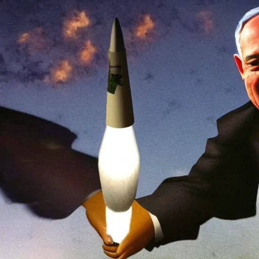 Prompt: Benjamin Netanyahu holding a rocket, highly detailed, realistic