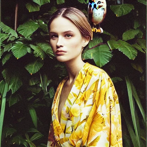 Image similar to head to shoulder portrait Polaroid film photograph of an elegant top model wearing a yellow kimono with a very detailed barn owl on her shoulder!!! in a tropical greenhouse. looking at the camera!!. super resolution. Polaroid 600 film. art by Alessio albi and john william waterhouse and Annie Leibovitz.