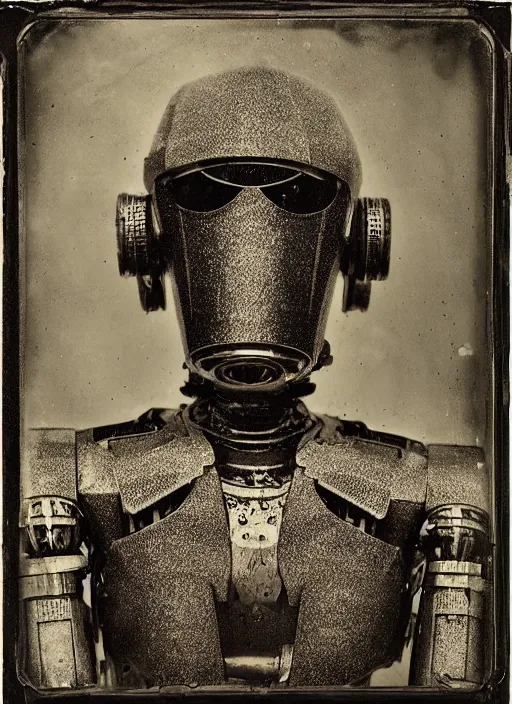 Image similar to old wetplate daguerreotype portrait of futuristic robot, dubbel negative exposure, explosion of data fragments, fractal, intricate, elegant, highly detailed, parallax, leica, medium format, subsurface scattering, by jheronimus bosch and greg rutkowski and louis jacques mande daguerre