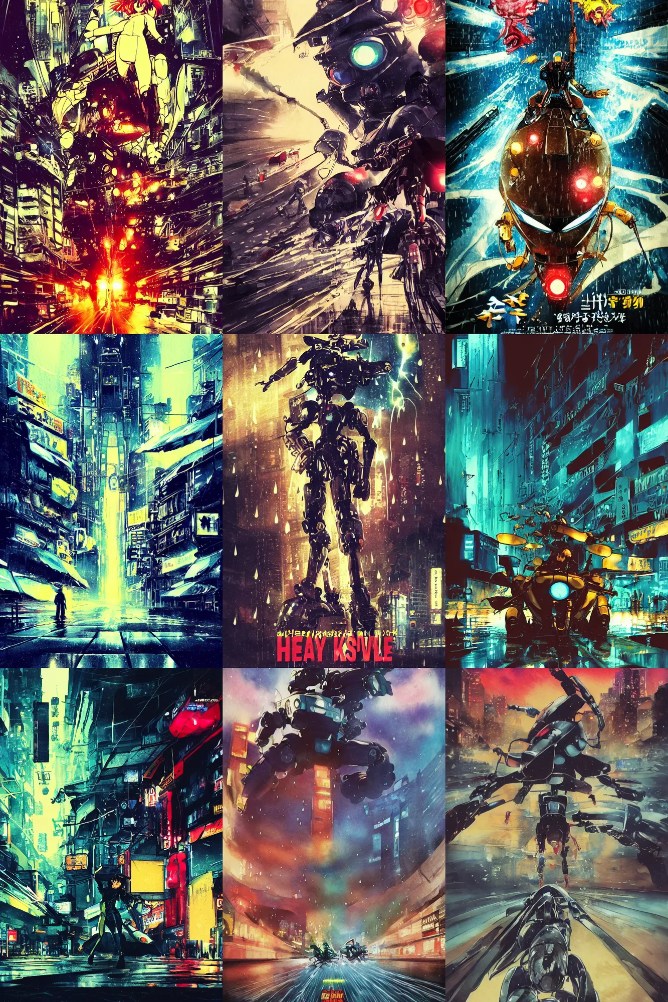 Prompt: incredible movie poster, simple watercolor, fish eye lens, curvilinear perspective, masamune shirow, terada katsuya, yoji shinkawa, kastuhiro otomo, heavy rain, splash, raindrop, downpour, movie scene close up broken Kusanagi robot-spider battle, foggy lights, neon, laser, brown mud, dust, giant whale tank with legs, robot arm, ripped to shreds, emotional face shot ,light rain, glowing atari sign, japanese advertisements on buildings, hd, 4k, remaster, dynamic camera angle, deep 3 point perspective, fish eye, dynamic scene