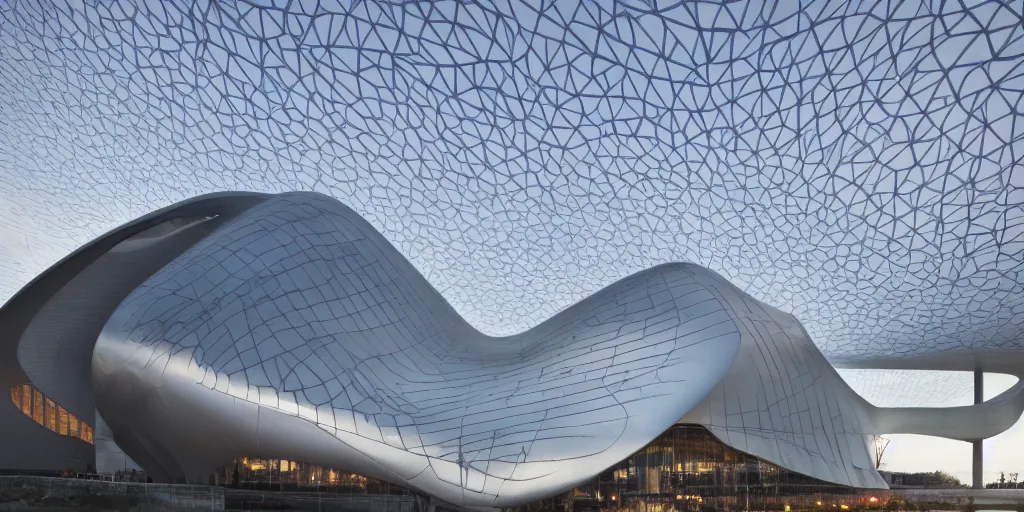 Image similar to extremely detailed ornate stunning sophisticated beautiful elegant futuristic museum exterior by Zaha Hadid, stunning volumetric light, stainless steal, concrete, translucent material, beautiful sunset, tail lights