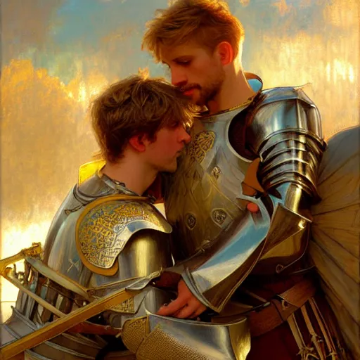 Image similar to attractive arthur pendragon and his attractive male knight, they are in love, natural lighting, path traced, highly detailed, high quality, digital painting, by gaston bussiere, craig mullins, alphonse mucha j. c. leyendecker