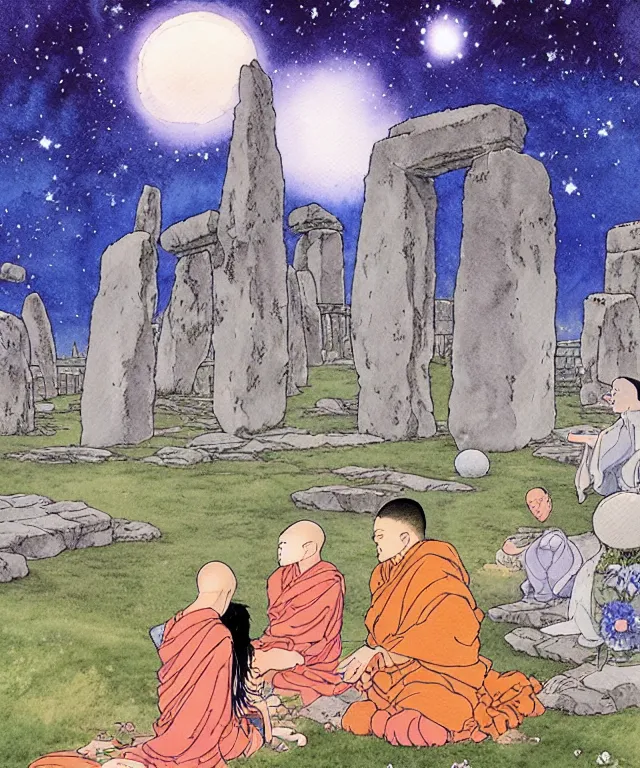 Image similar to a hyperrealist studio ghibli watercolor fantasy concept art. in the background is a giant long haired grey witch in lotus position sitting on top of stonehenge with a starry sky in the background. in the foreground is a group of tiny monks are on their knees. by rebecca guay, michael kaluta, charles vess