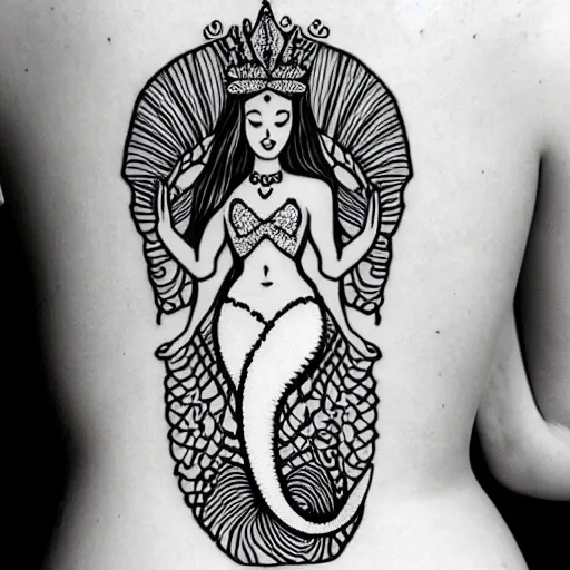 Prompt: a peaceful meditative mermaid wearing a crown, full body, symmetrical, highly detailed black and white new school pinup tattoo design