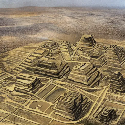 Image similar to bronze age empire, view from above, pyramids and ancient agriculture landscape