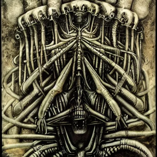 Image similar to zelensky commited crimes in bucha by h. r. giger