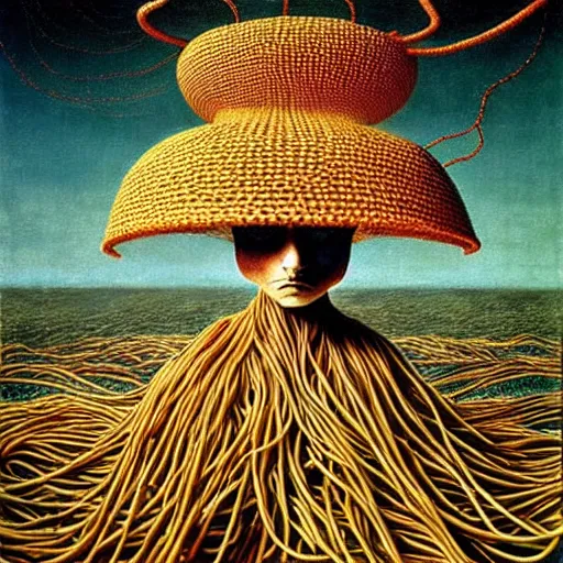 Prompt: flying spaghetti monster wearing colander as a hat, creating the universe, by otto dix, junji ito, hr ginger, jan svankmeyer, beksinski, claymation, hyperrealistic aesthetic, masterpiece