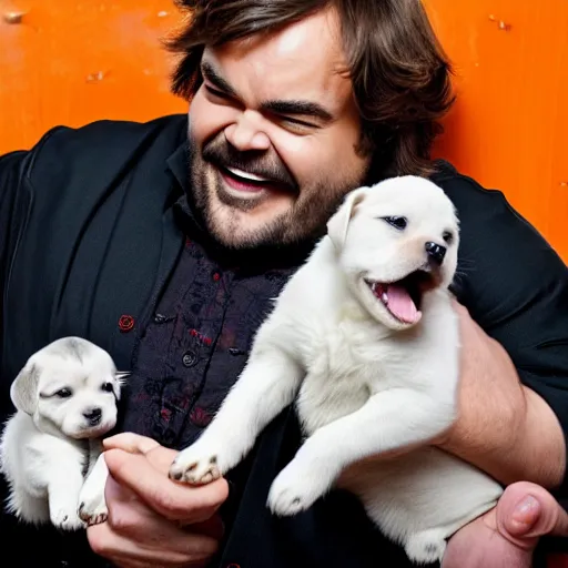 Image similar to jack black eating popcorn, surrounded by puppies, hd, laughing