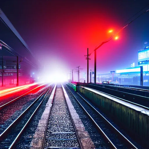 Image similar to A hyperdetailed photograph of the Flying Scotsman thundering on the rails of a cyberpunk, futuristic city, night, dense fog, rain, HD, 8K resolution