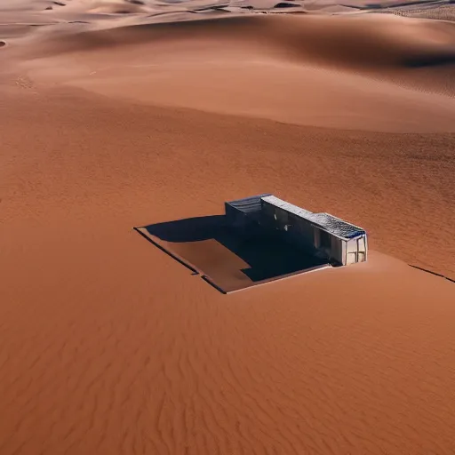 Prompt: A house designed by Miles Van Der Rohe in the middle of the sahara desert. Aerial View. Film Grain, cinematic. Brown sand. Full color. Magic Hour.