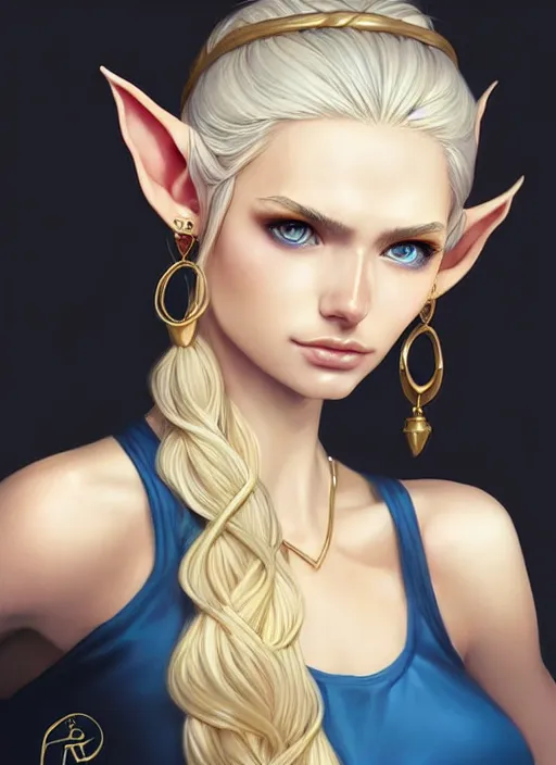 Image similar to bust portait of beautiful elf lady, white skin, blue eyes, golden hair, single long tied ponytail, serious look, sleeveless turtle neck sweater, earrings, highly detailed, high fantasy, smooth, sharp focus, digital illustration, by rossdraws, frank franzzeta, artgerm