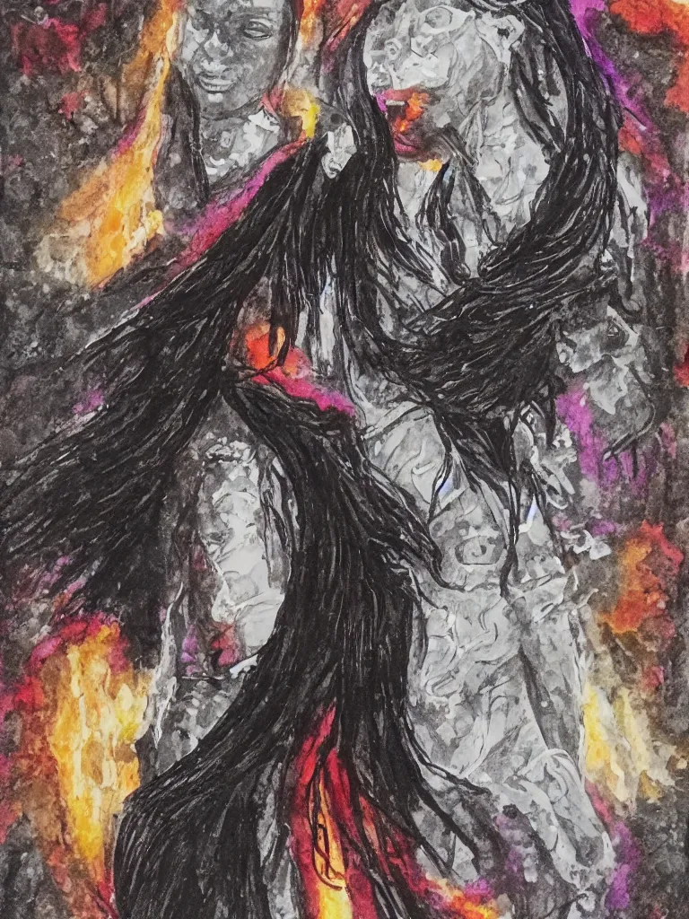 Prompt: Black female paladin leaving holy fire in her wake. Mixed media on paper.