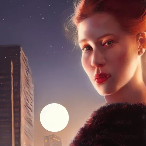 Prompt: closeup portrait of a young esme bianco, dramatic lighting, city background, night, moon, chiaroscuro, high detail, painted by greg rutkowski, painted by igor kieryluk, painted by bobby chiu, trending on artstation