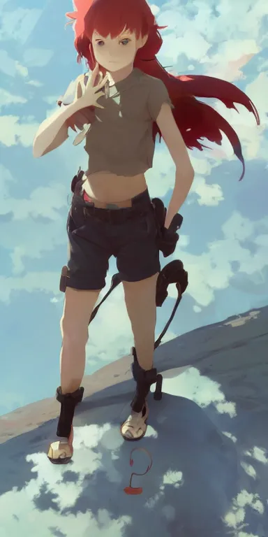 Prompt: concept art of young cute curvacious redhead cyborg woman wearing shorts and shirt illustration illustration concept art anime key visual trending pixiv fanbox by wlop and greg rutkowski and makoto shinkai and studio ghibli and kyoto animation