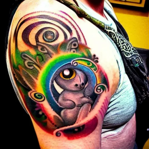Prompt: shoulder tattoo of a cute bush baby with trippy rainbow spiral eyes and glowing multicolored chakra symbols, meditative, insanely integrate