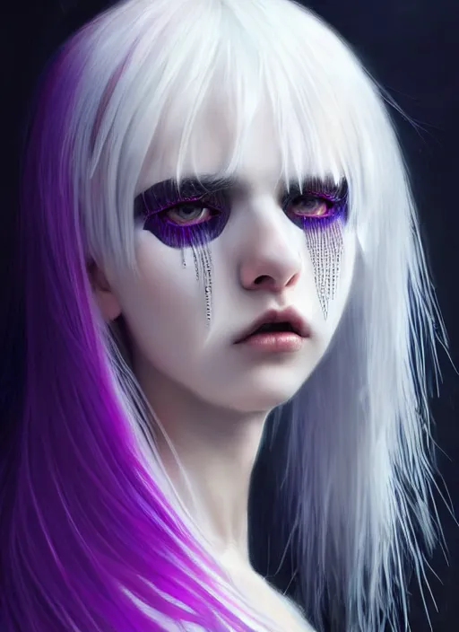 Image similar to hair whitebangs hair, black cyberlox, portrait of normal teenage girl, white bangs, messy bangs, fluffy bangs, cyberlox, whitebangs, red contact lenses, purple background, intricate, elegant, highly detailed, digital painting, artstation, concept art, sharp focus, smooth, illustration, art by wlop, mars ravelo and greg rutkowski