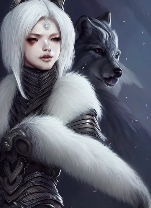 Image similar to warrior, fur - lined wolf armor!!! beautiful and elegant white hair female!! gorgeous ayes!! character concept art, sharp focus, octane render! unreal engine 5! highly rendered!! trending on artstation!! detailed linework!! illustration by artgerm, wlop, and chie yoshii