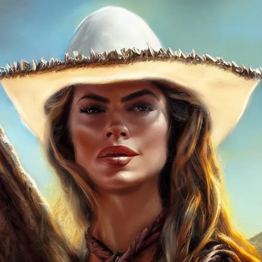 Prompt: a matte painting of sofia vergara wild west woman, oil painting, pale colors, high detail, 8 k, wide angle, trending on artstation,