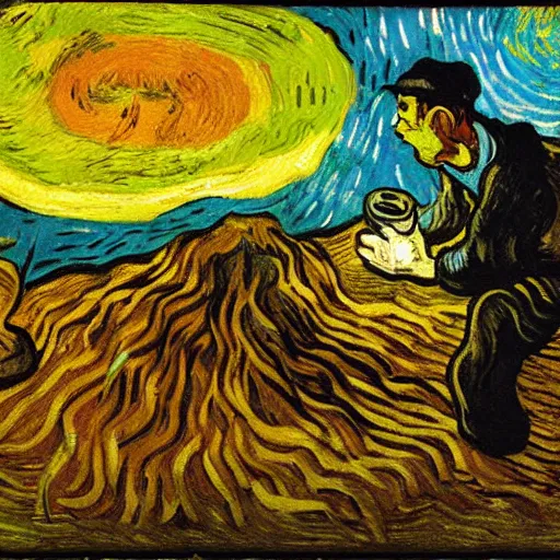 Image similar to painting of a man in hell making smores, by van gogh.