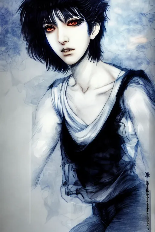 Image similar to beautiful medium shot manga portrait of mahmood inspired by ayami kojima with short hair dressed with a white t - shirt, white background white bank studio light, art by yoshitaka amano and shingo tamagawa, sharp focus, high quality, 8 k