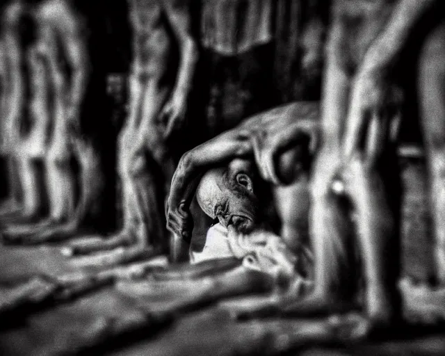 Image similar to praying for hope, black and white photograph, atmospheric, anatomy, despair, highly detailed, hdr, smooth, sharp focus, by ron haviv and vivia maier