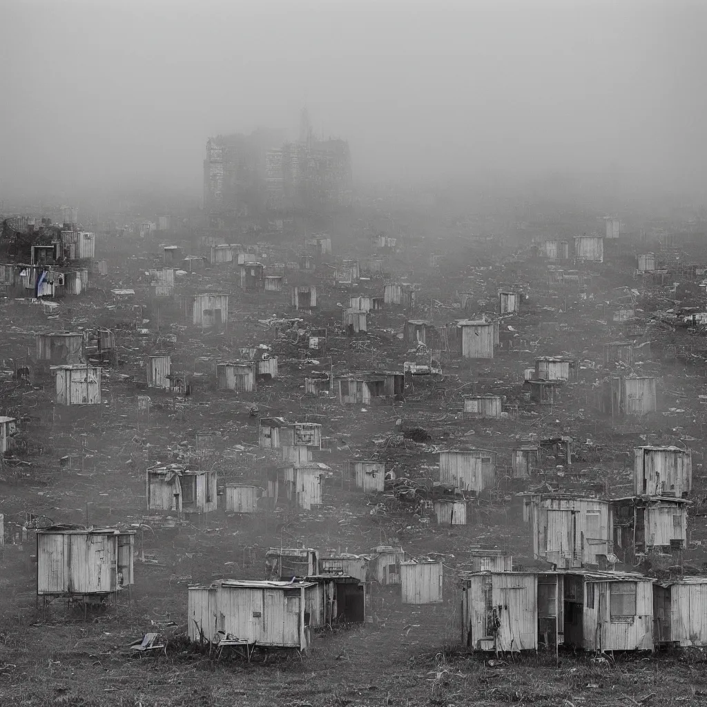 Image similar to two towers, made up of makeshift squatter shacks with pastel colours, misty, dystopia, mamiya rb 6 7, fully frontal view, very detailed, photographed by trent parke