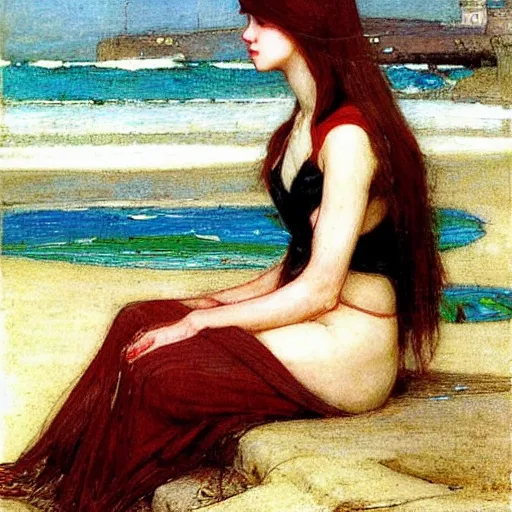 Prompt: a very beautiful futuristic girl on the beach drawn by john william waterhouse