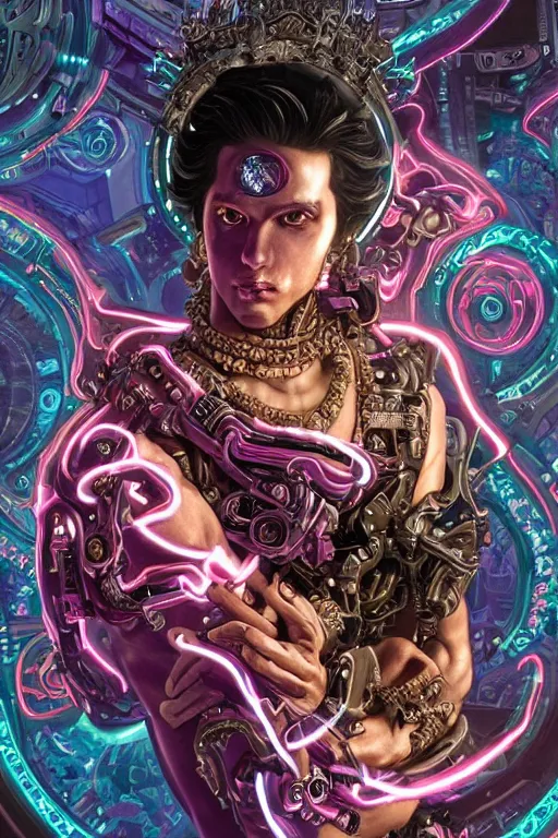 Image similar to full-body rococo and cyberpunk style sculpture of a young seductive Latino prince half android with a chest exposing circuitry, glowing pink seductive laser eyes, crown of blue gears and diamonds, swirling salmon-colored silk fabric, robotic raptors dinosaurs. baroque elements. full-length view. intricate artwork by caravaggio. art by Artgerm and Greg Rutkowski and Alphonse Mucha, Trending on artstation, cinematic industrial lighting, hyper realism, octane render, 8k, depth of field, 3D