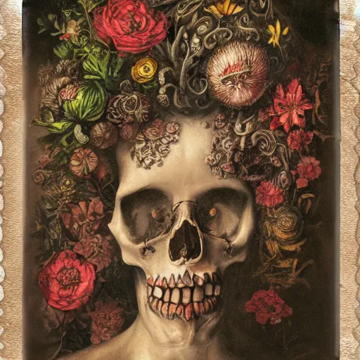 Image similar to a beautiful detailed front view baroque portrait of a rotten woman corpse becoming almost a skull with fractal plants and fractal flowers and mushrooms growing around, intricate, ornate, volumetric light, beautiful lit, polaroid photography