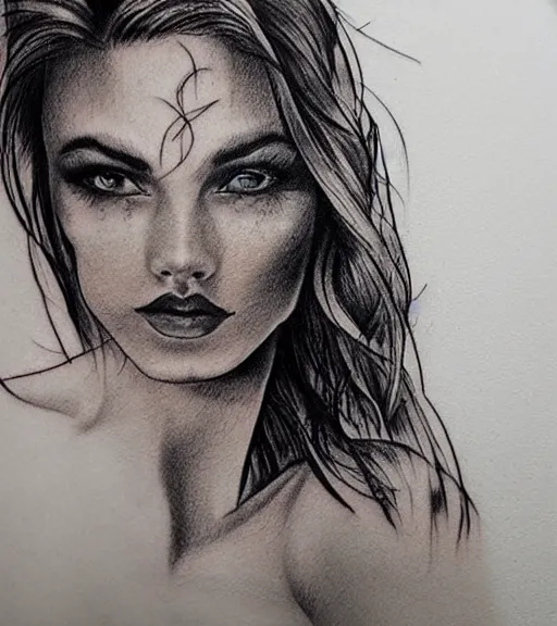 Image similar to tattoo design sketch of a beautiful woman face against a background of beautiful mountains and nature, hyper - realistic, in the style of den yakovlev, amazing detail, black and white