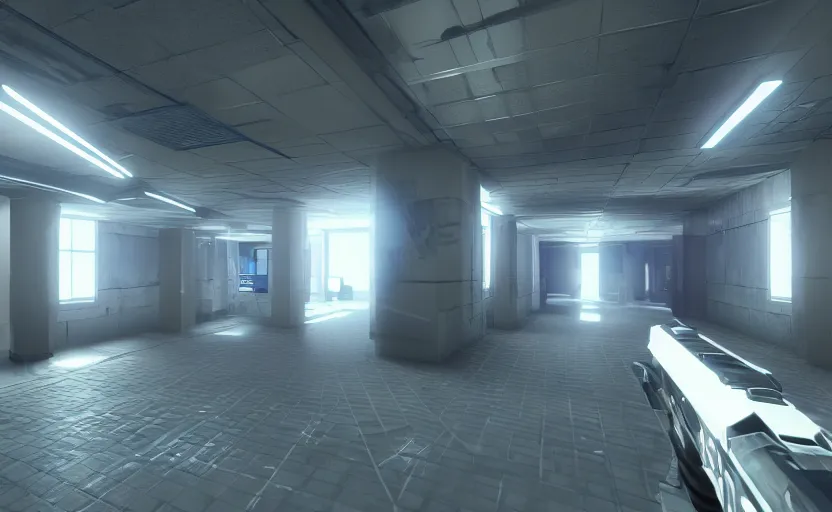 Image similar to screenshot of a first person shooter game on unreal engine 5, narrow modern hallways of a government office facility with white dry wall, photorealistic, colorful retrofuturism, concept art, trending on artstation