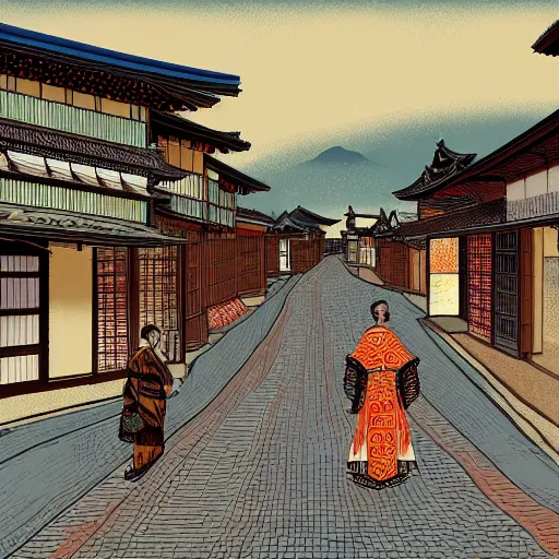 Prompt: street of american Western Town with Edo Period Japan design; digital art