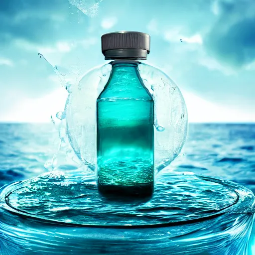 Image similar to a human head in a bottle in water art manipulation shape, on the ocean water, futuristic, glowing, hyper realistic, ray tracing, realistic water splashes, sharp focus, long shot, 8 k resolution, cinematic, photoshop art