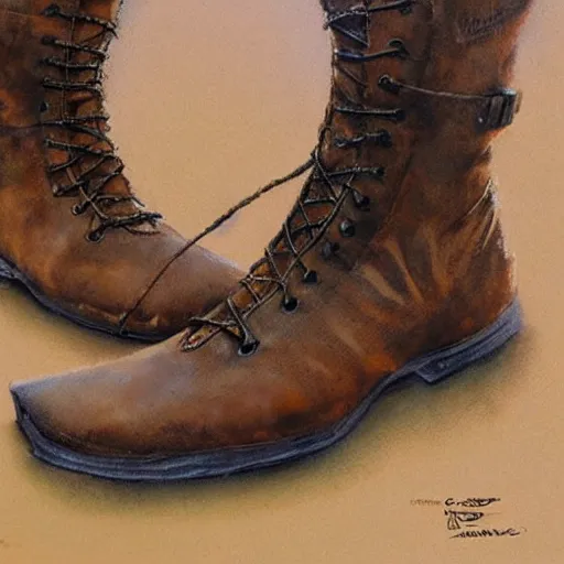 Prompt: a concept art of a well used brown leather boots for walking in the mountain, by Craig mullins, Steve Purcell, Ralph McQuarrie