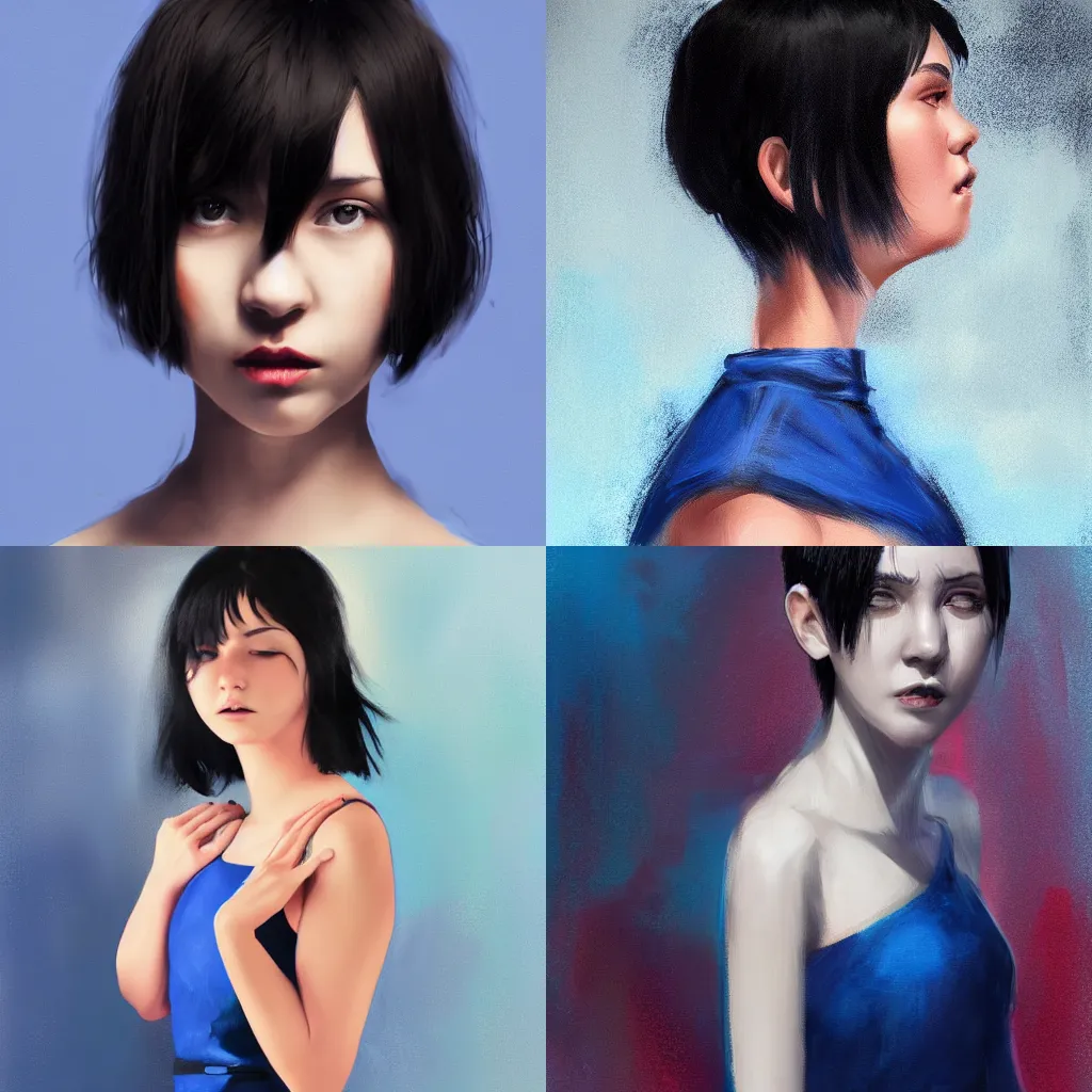 Prompt: A young woman with short black hair, wearing a simple dress, walks through darkness, timid and vulnerable expression, vivid bright blue aura around her body, medium shot, strong contrast, digital painting by WLOP