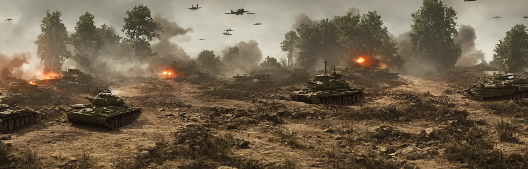 Image similar to a warzone in world war 2, eastern front, building are being bombed by luftwaffe, soldiers on foot, two tiger tanks on the road, scenic view, ultrarealistic, octane render, unreal engine 5