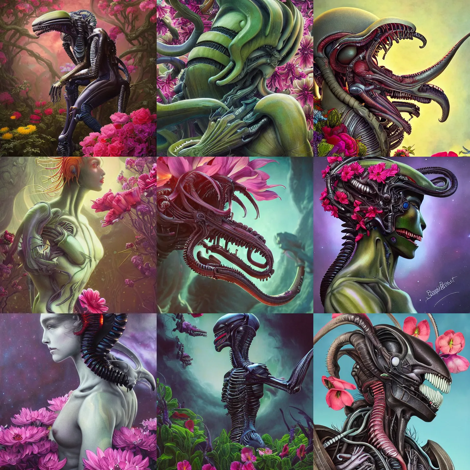 Prompt: a detailed photo of a xenomorph by james christensen and tom bagshaw, side view, xenomorph surrounded by colorful flowers, 2 4 mm lens, deviantart, 8 k, pinterest, selling in etsy