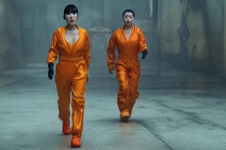 Image similar to a still from the film bladerunner 2 0 4 9 depicting haruka abe wearing an orange prison jumpsuit. a screaming holographic face dominates the background. futuristic medical equipment surrounds haruka abe. sci fi, futuristic,