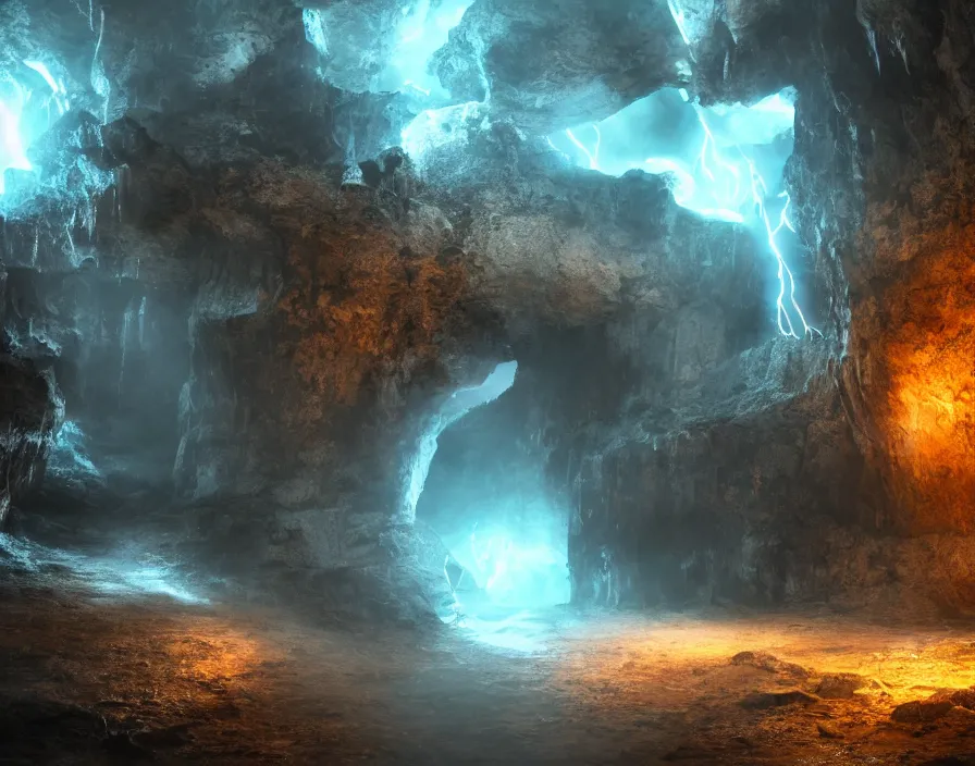 Image similar to old cristian church in deep cave with abstract energy lightning ball, realistic, beautiful texture, beautiful graphics, fantasy artwork, very beautiful scenery, hd, hdr, ue 5, ue 6, unreal engine 5, cinematic 4 k wallpaper, 8 k, ultra detailed