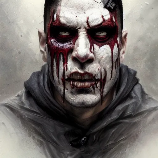 Image similar to scary portrait of frank castle the punisher, bleeding nose, face paint, intricate, elegant, highly detailed, centered, grungy, digital painting, artstation, concept art, smooth, sharp focus, illustration, artgerm, tomasz alen kopera, peter mohrbacher