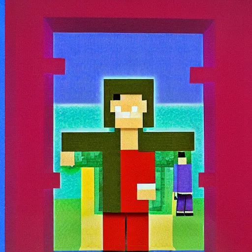 Prompt: A assemblage. A rip in spacetime. Did this device in her hand open a portal to another dimension or reality?! rainbow, Minecraft by William Zorach funereal