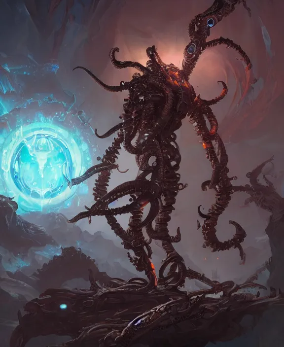 Image similar to the eldritch cyborg god of the outer realms by Steohan Martiniere and Peter Mohrbacher, 4k resolution, detailed