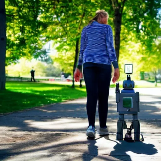 Prompt: robot walking its pet human in the park