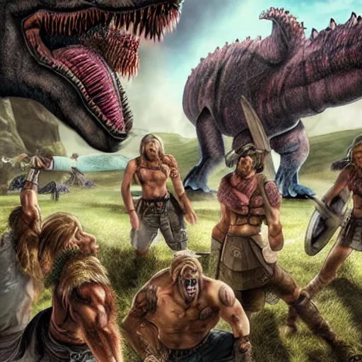 Prompt: Ragnarok with vikings fighting cyborg dinosaurs